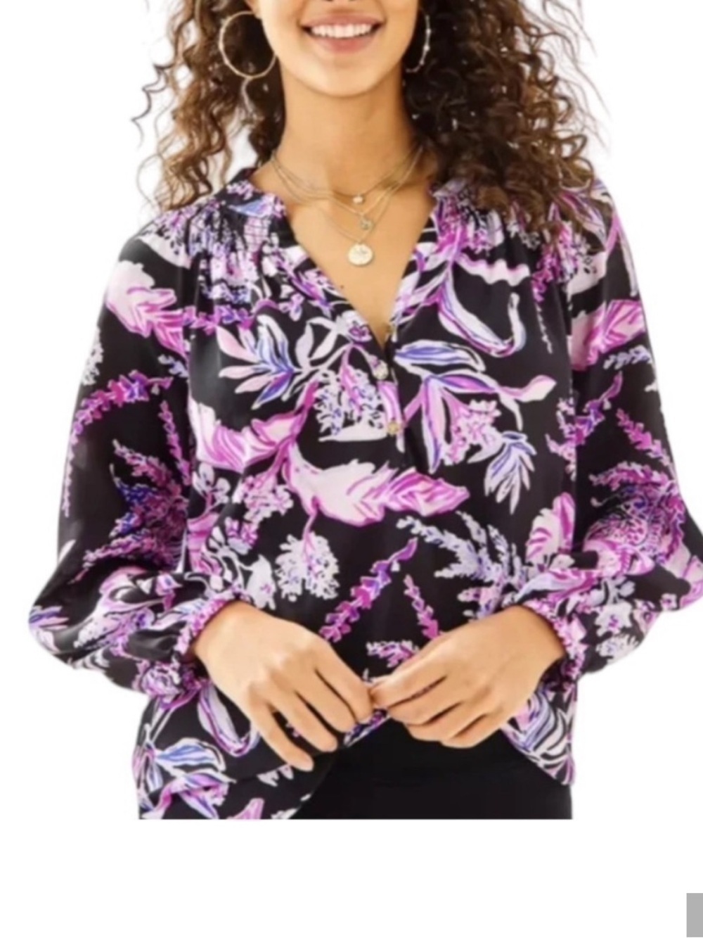 LILLY PULITZER Elsa Wild Within Silk Pullover Top Onyx Blouse Smocked